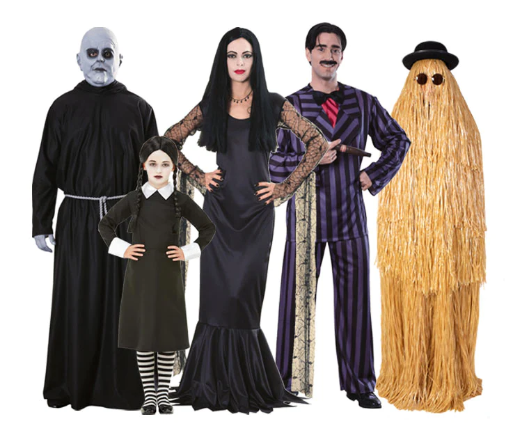 Fantasia de Halloween infantil e adulto da Família Addams, com Wednesday Wandinha, Morticia, Gomez, Primo Itt e Tio Chico Fester.