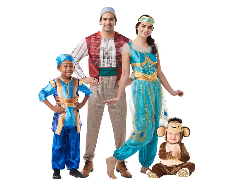 Fantasia de Halloween infantil e adulto de Aladdin da Disney, Gênio da Lâmpada, Aladdin, Princesa Jasmine e até Abu!