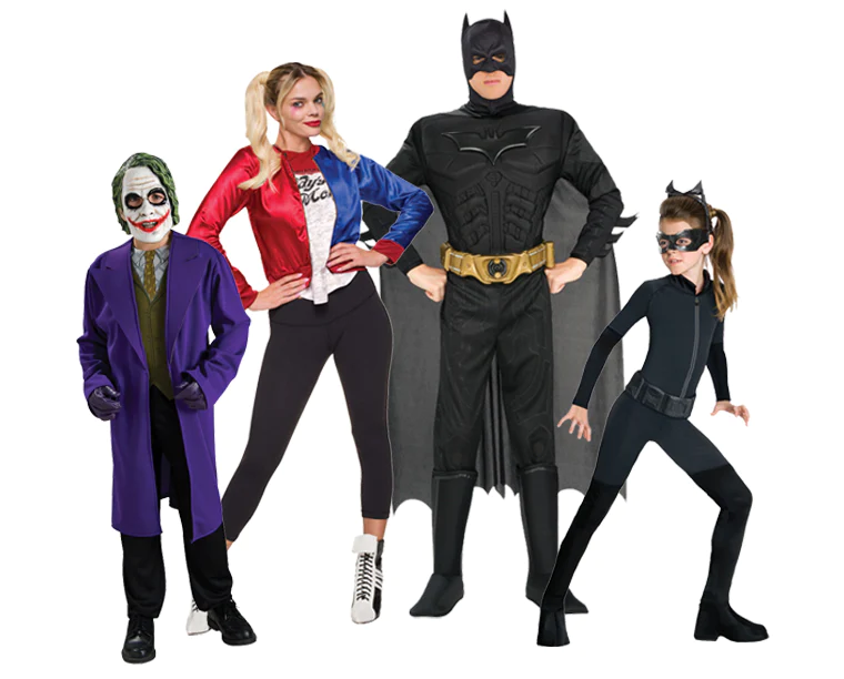 Fantasia de Halloween infantil e adulto de super herói e vilões da DC Comics, como Batman, Coringa, Arlequina, Mulher gato e mais!