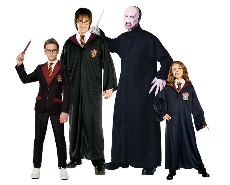 Fantasia de Halloween infantil e adulto de bruxo e bruxa do universo de Harry Potter, coo Harry, Rony, Hermione, Voldemort e mais.