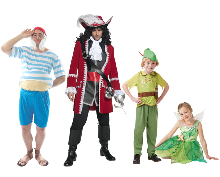 Fantasia de Halloween infantil e adulto dos personagens de Peter Pan, com Capitão Gancho, Peter Pan, Sininho e mais