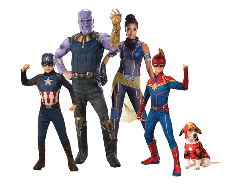 Fantasia de Halloween infantil e adulto dos Vingadores, Marvel Avengers, com Capitão América, Thanos, Capitã Marvel, Pantera Negra, Homem de Ferro e mais